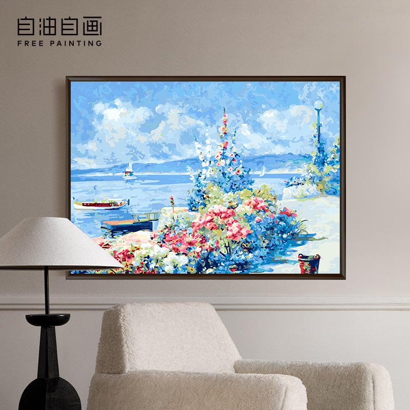 自油自画DIY数字油画岸边花园