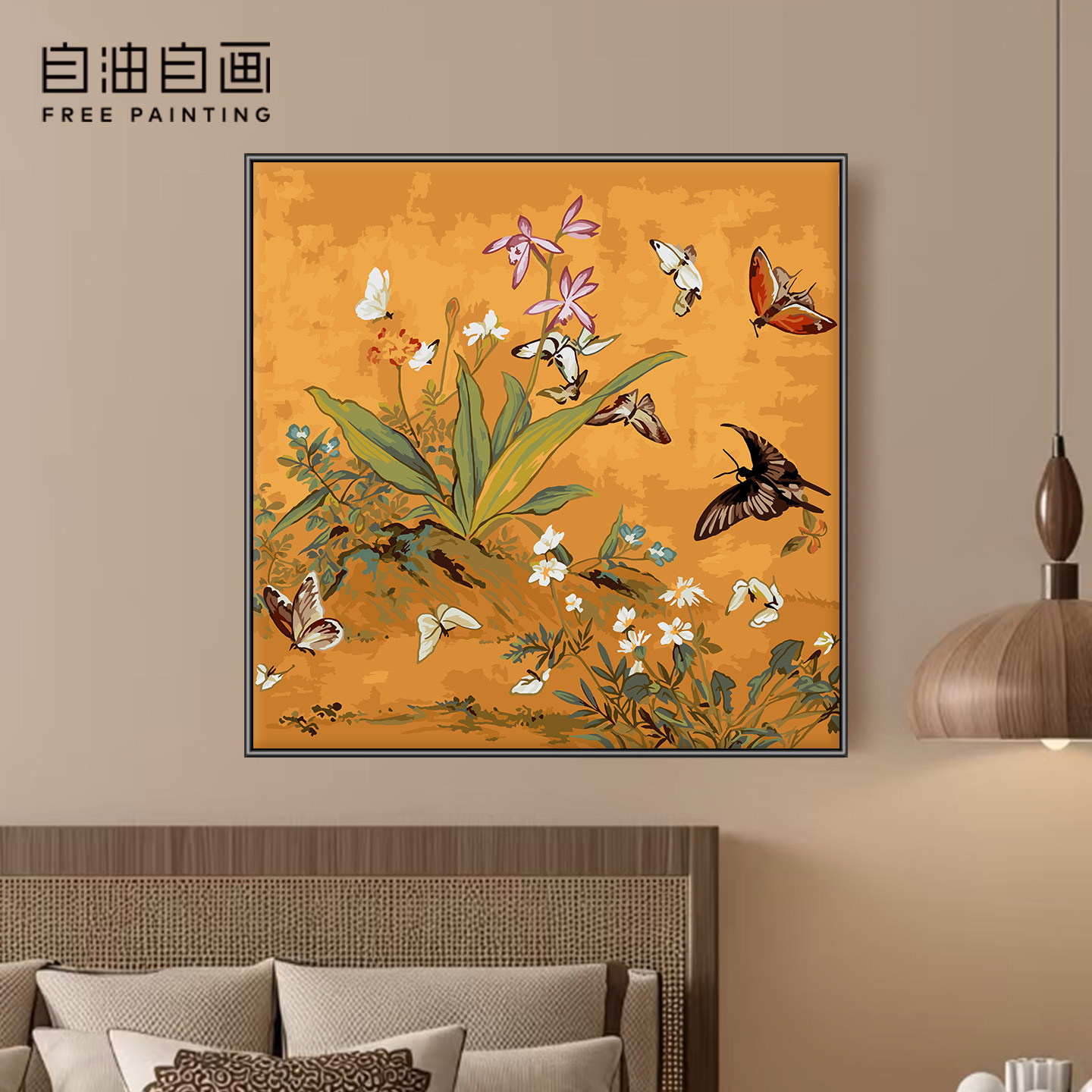 手绘填色新中式客厅装饰画