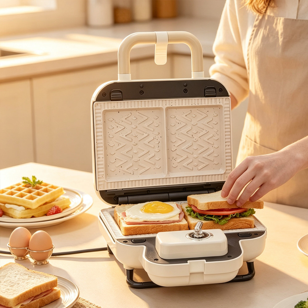 跨境waffle maker家用华夫饼机轻食机小型面包机双盘三明治早餐机