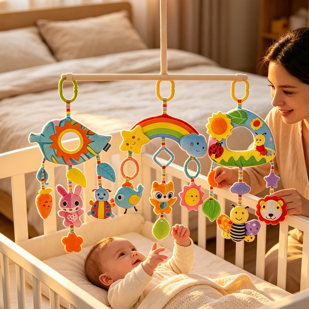 跨境Baby Rattle彩虹婴儿车挂安抚毛绒玩具床挂宝宝响铃安抚玩具