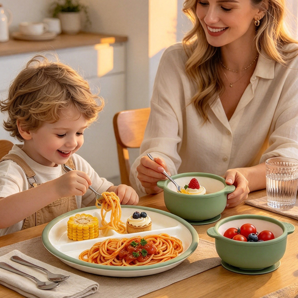 跨境Baby food bowl陶瓷儿童辅食碗带硅胶吸盘分格餐盘防摔防烫餐