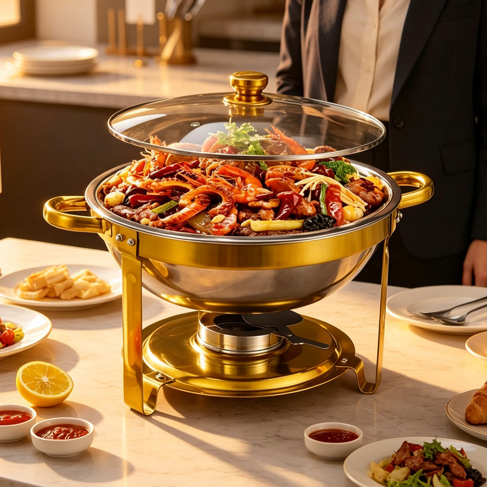 跨境Chafing Dishes不锈钢自助餐炉圆形小火锅可拆卸酒精加热餐炉