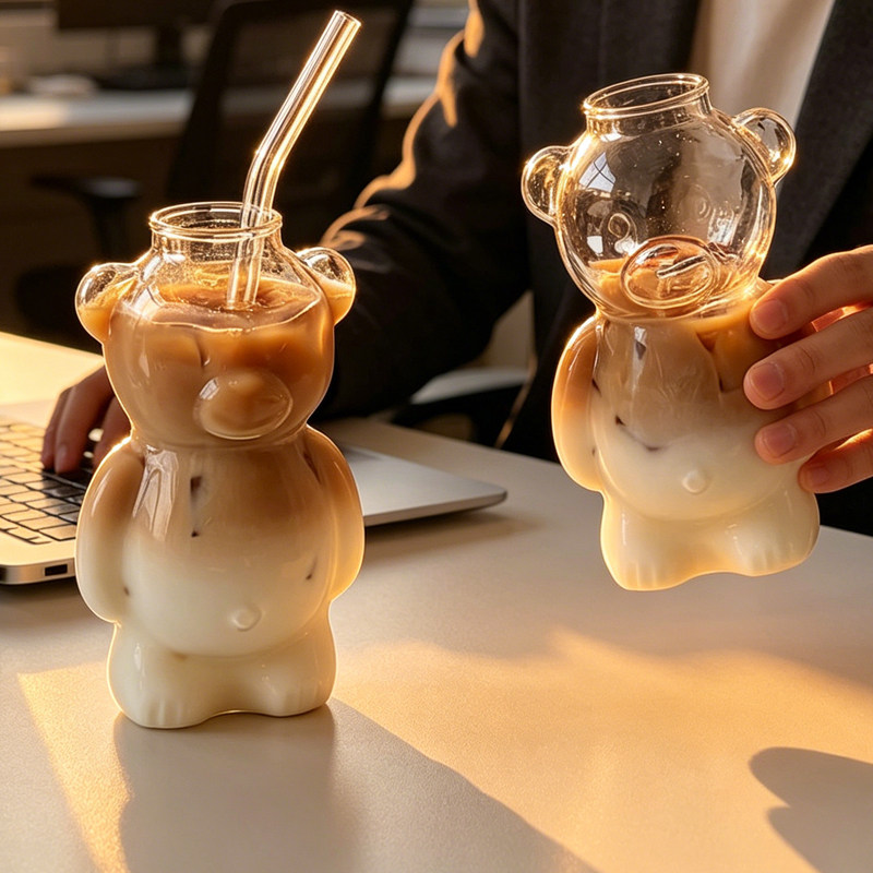 Milk tea cup ins网红餐厅小熊杯子咖啡杯玻璃杯水杯果汁杯奶茶杯