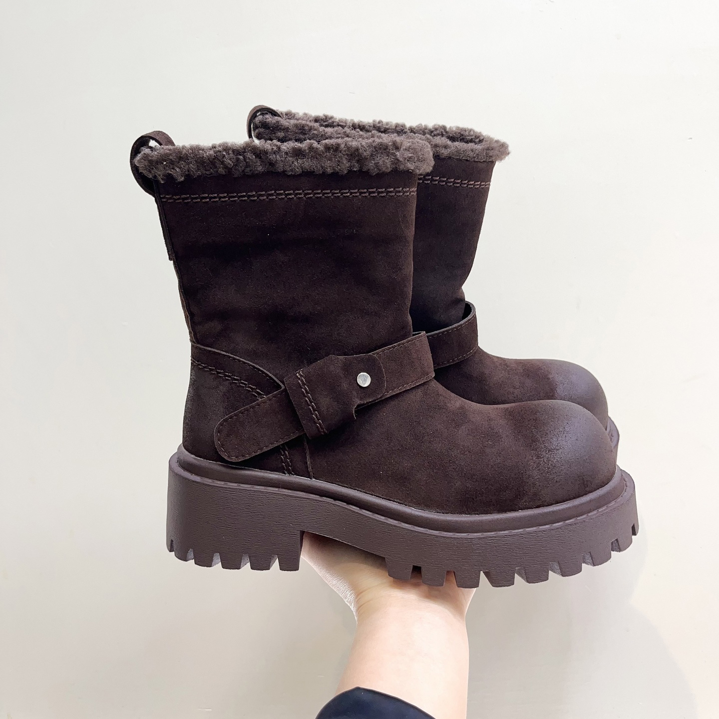 复古套筒磨砂皮加绒粗跟厚底