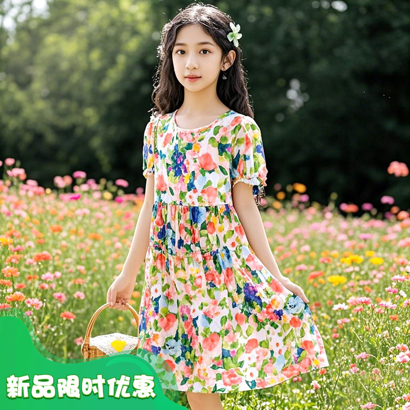 女童连衣裙夏款公主碎花裙子棉绸