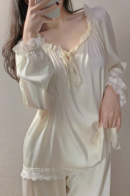 真丝睡衣套装女一字领宫廷风