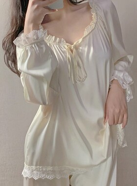 真丝睡衣套装女一字领宫廷风