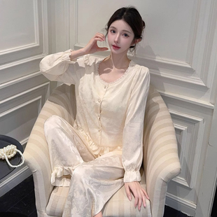 睡衣女春夏季 桑蚕丝纯色复古花边长袖 宫廷甜美国风提花奢华家居服