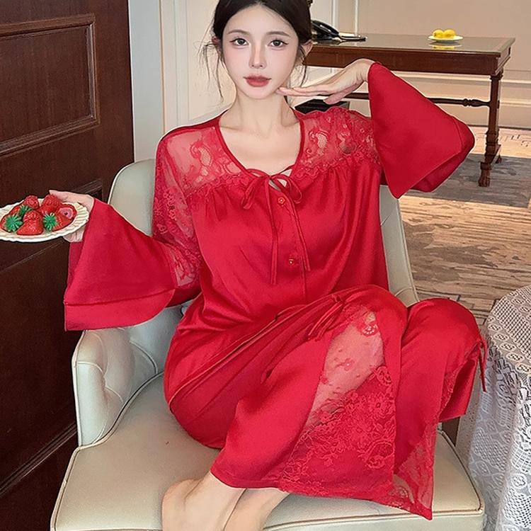桑蚕丝本命年法式蕾丝镂空睡衣女
