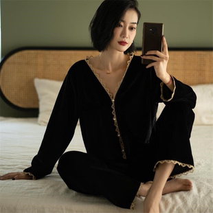 新款 家居服两件套 黛安靓金丝绒睡衣女秋冬季 黑色可外穿性感长袖