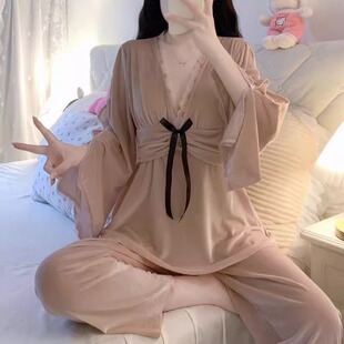 纯欲风金丝绒睡衣女蕾丝花边秋冬季 韩版 高级感小香风家居服带胸垫