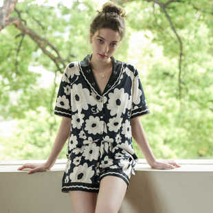 短袖 高级感时尚 桑蚕丝睡衣女2024夏季 短裤 花卉休闲韩版 家居服套装