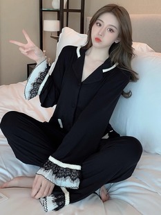 纯棉黑色蕾丝花边家居服 春秋轻奢长袖 2023年新款 莫代尔睡衣女套装