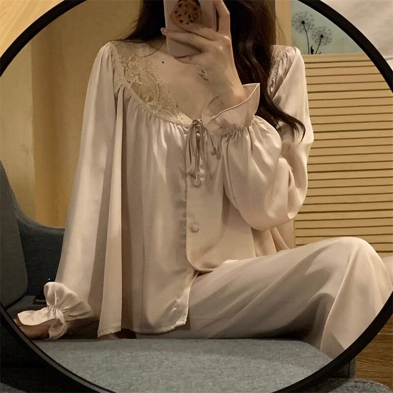 真丝长袖睡衣女蕾丝花边