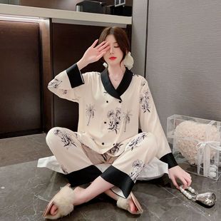 轻奢家居服套装 2024新款 高级感长袖 桑蚕丝休闲印花薄款 睡衣女夏季