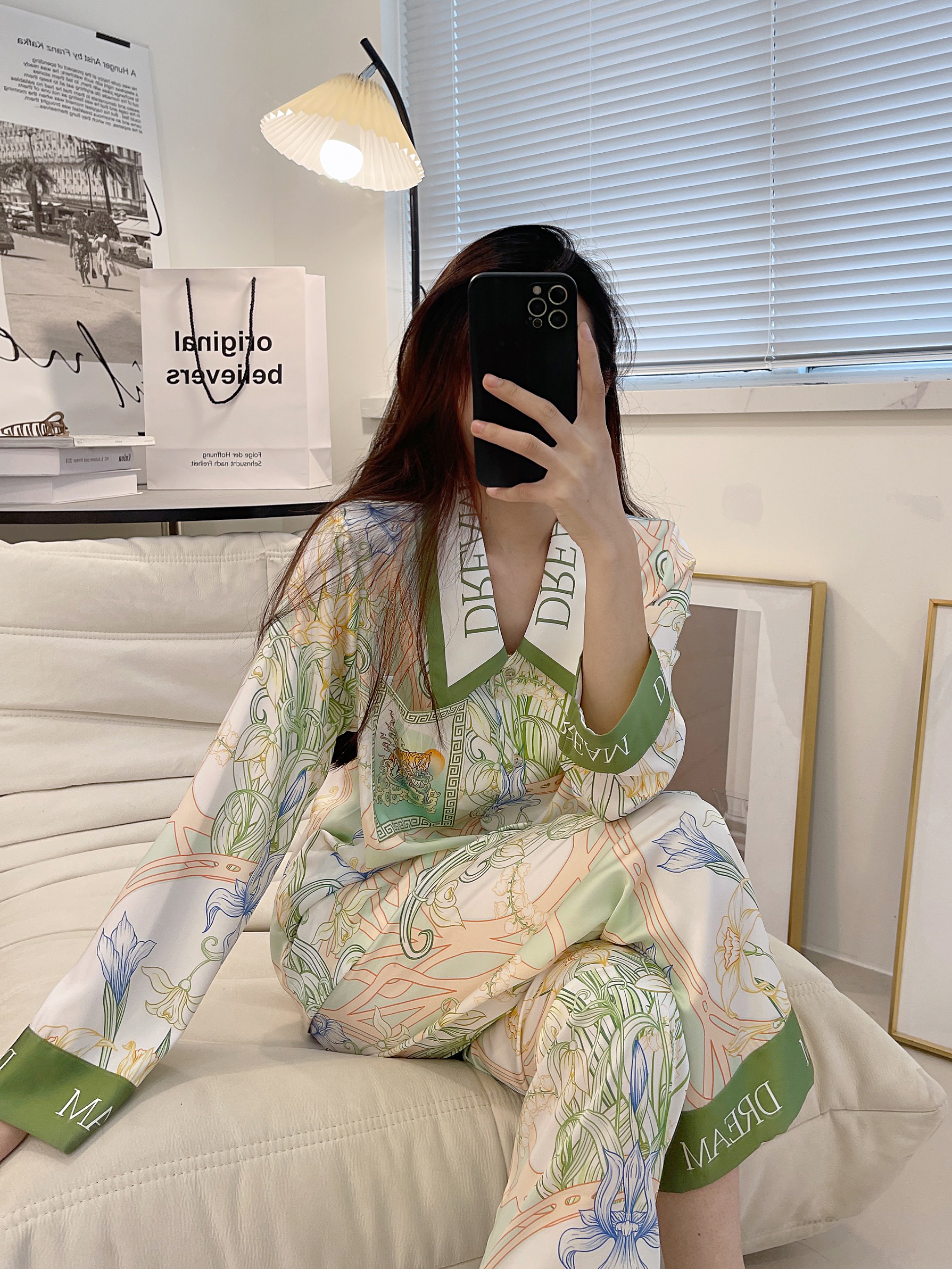 绿色印花长袖真丝睡衣套装
