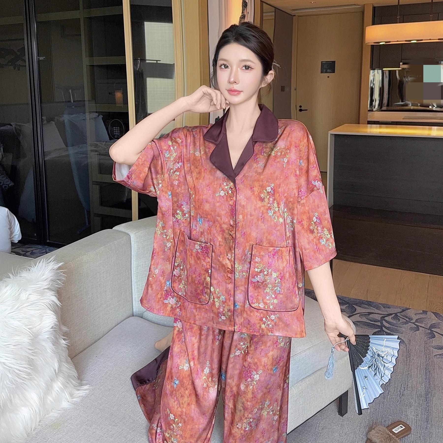 新中式国风真丝七分袖宽松睡衣女