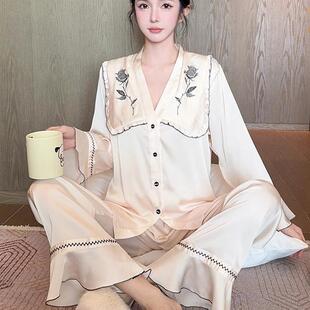 桑蚕丝睡衣女春季 新中式 国风甜美宽松刺绣花边大翻领高级感家居服