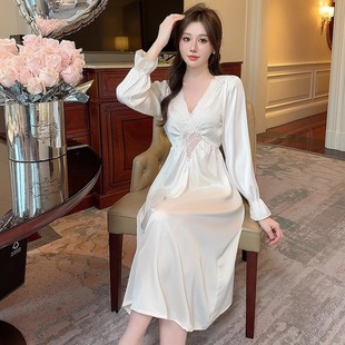 蕾丝花边性感纯欲带胸垫睡裙 新品 桑蚕丝法式 宫廷风睡衣女春季 长袖