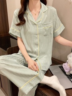 薄款 开衫 2024春夏季 真丝睡衣女短袖 长裤 千鸟格桑蚕丝绸家居服套装