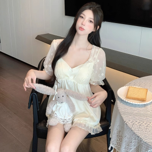 纯欲宫廷风睡衣女夏季 桑蚕丝短袖 甜美蕾丝带胸垫仙女风休闲家居服