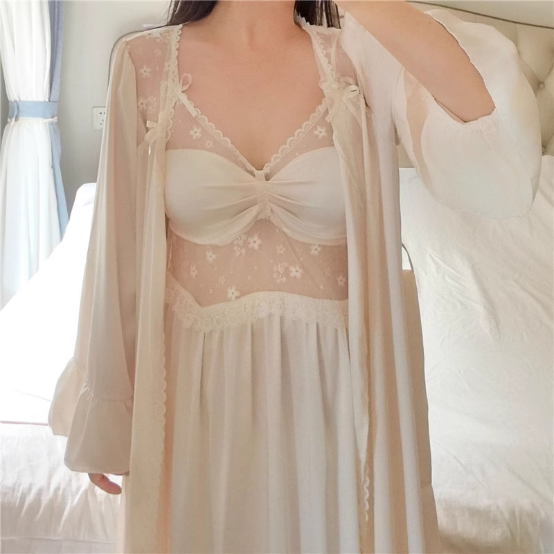 加大码胖mm性感蕾丝两件套真丝睡衣女带胸垫过膝长款吊带睡裙睡袍