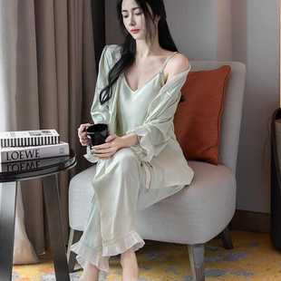 桑蚕丝睡衣女春季 带胸垫家居服 高级感真丝宫廷风性感吊带长裤 开衫
