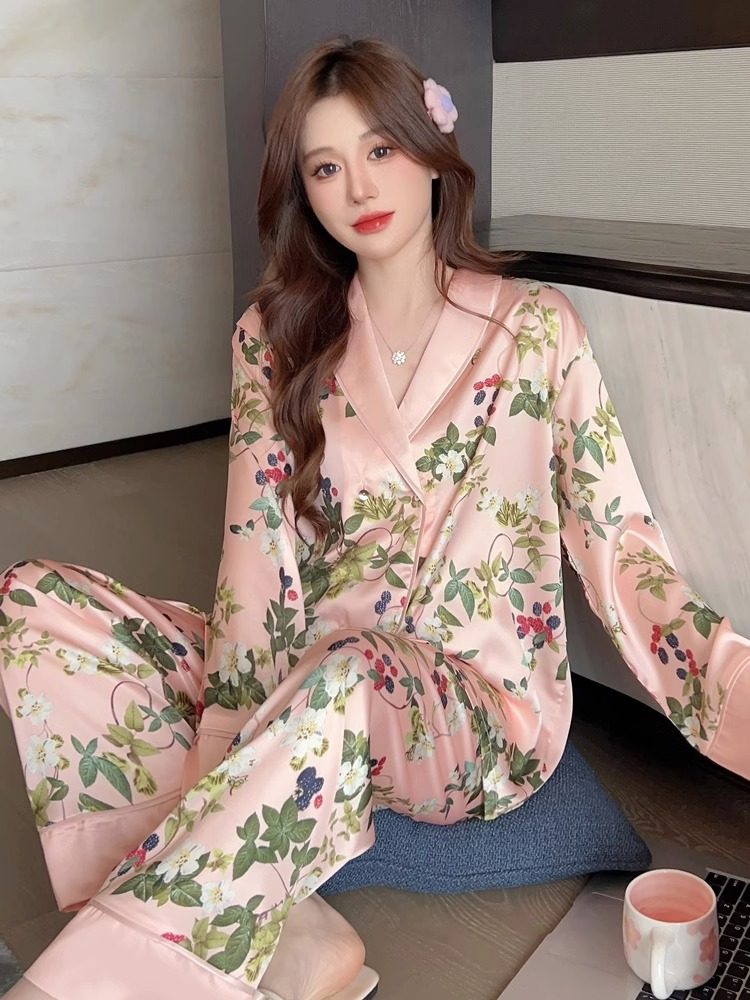 女士甜美印花真丝睡衣套装