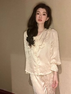 套装 桑蚕丝圆领长袖 宽松家居服 真丝睡衣女春秋国风新中式 2023新款