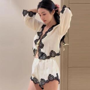 桑蚕丝四件套睡衣女春夏季 舒适纯欲风家居服 法式 蕾丝性感吊带短裤