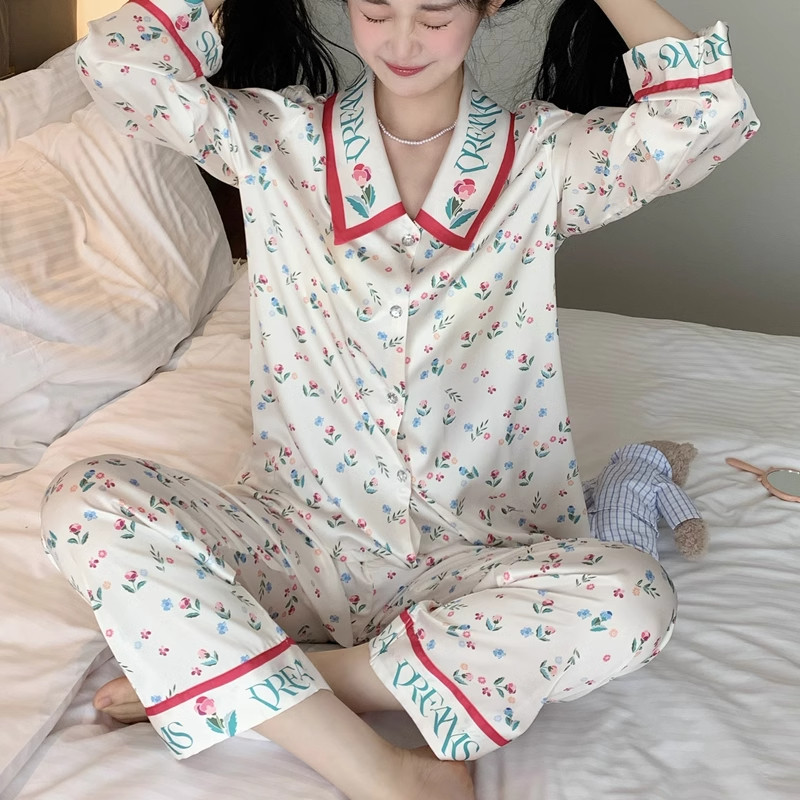 桑蚕丝小清新碎花长袖薄款睡衣女