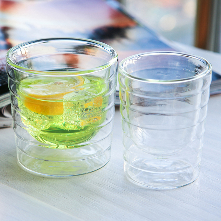 双层耐热玻璃螺纹杯咖啡红酒杯