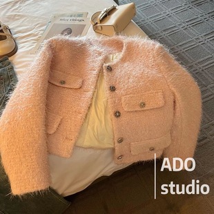 毛呢大衣秋冬新款 女圆领加厚羽绒内胆粗花呢上衣气质百搭毛毛外套