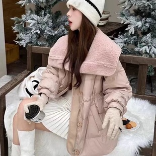 2024冬季新款羊羔毛绒翻领中长羽绒棉服女时尚收腰小个子显瘦外套