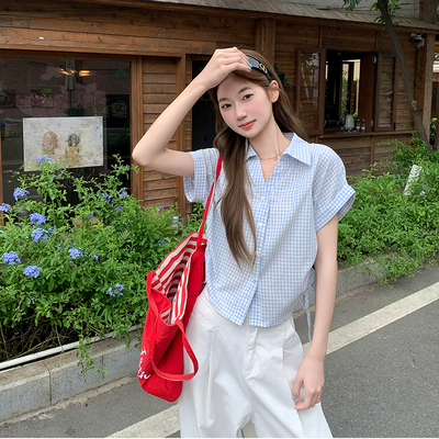 今年漂亮短袖格子女款衬衫