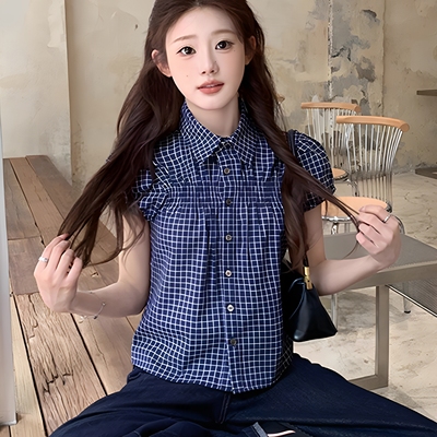 今年漂亮短袖格子女款衬衫