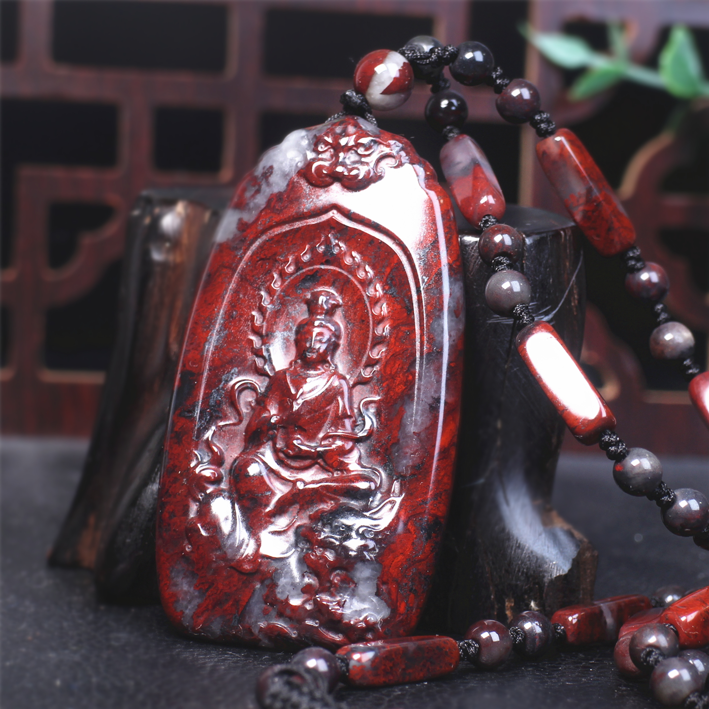天然玉石桂林鸡血玉桂林鸡血石麒麟观音佛男士款大号吊坠一体项链