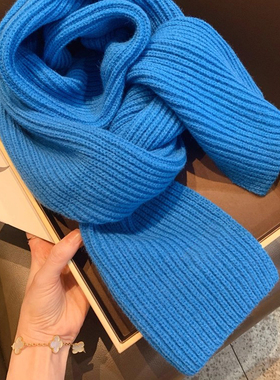 韩系显白蓝色针织围巾女冬季韩版纯色百搭ins学生保暖毛线围脖潮