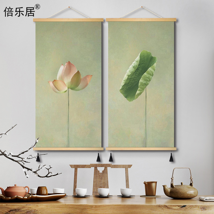 新中式荷花禅意茶室装饰画玄关墙画卷轴书房免打孔布艺挂画办公室图片