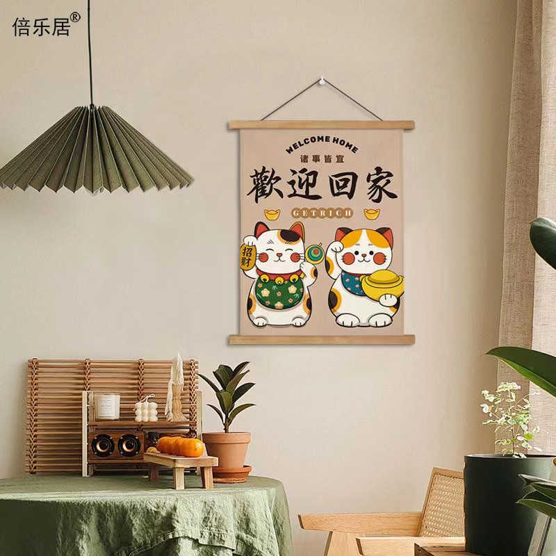 招财猫挂画遮挡画免打孔日料店墙画烤肉店壁画火锅店背景墙装饰画图片