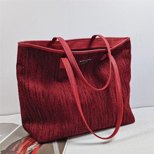 出口红色大容量托特包包麻布春夏通勤女包高级感灯芯绒单肩大包