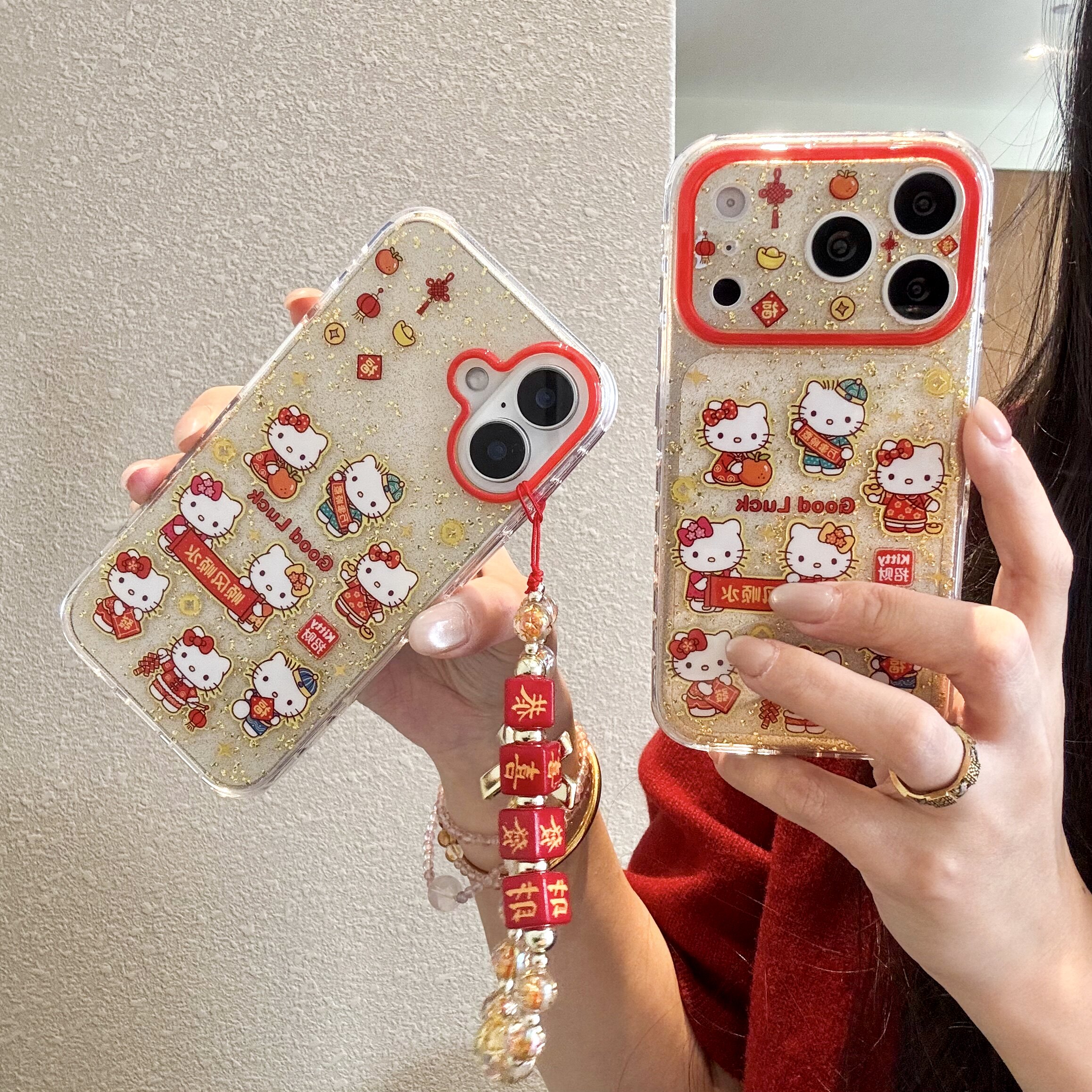 金箔闪粉KT猫带挂绳适用于iPhone17ProMax手机壳女款苹果16Pro爱心双层壳15创意文字14透明防摔保护壳