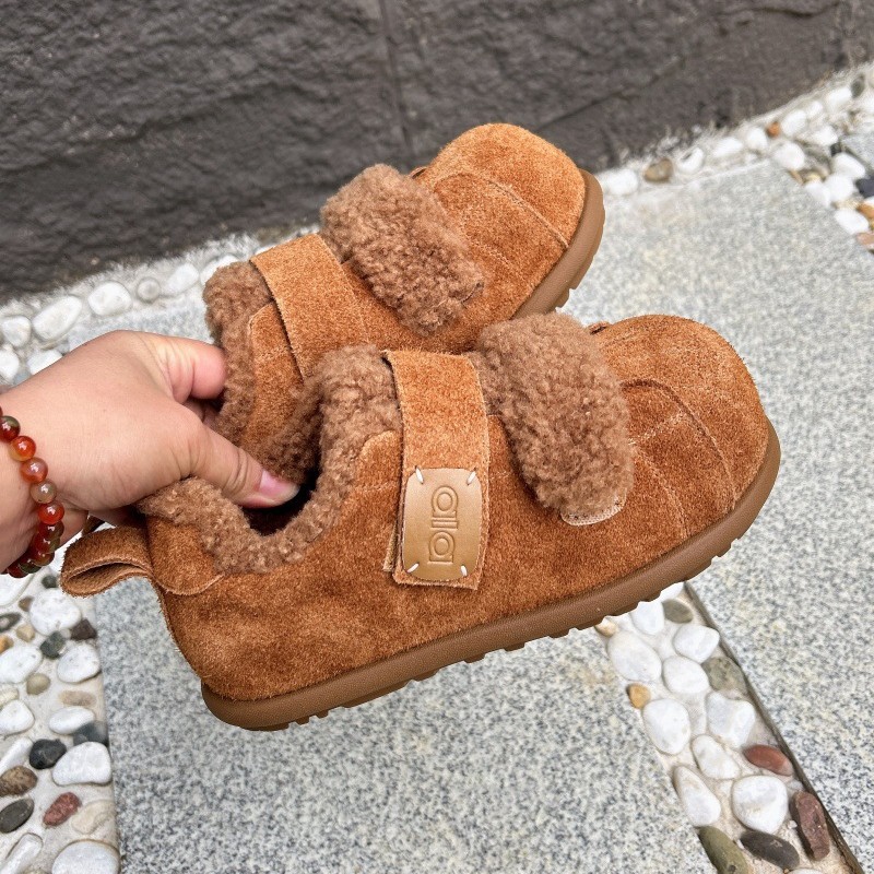 魔术贴头层牛皮板鞋卡皮巴拉新款贝壳头毛毛面包鞋雪地靴女棉鞋子