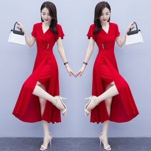 RM9379#胖mm大码雪纺连衣裙2021春夏新款韩版修身显瘦开叉气质长裙