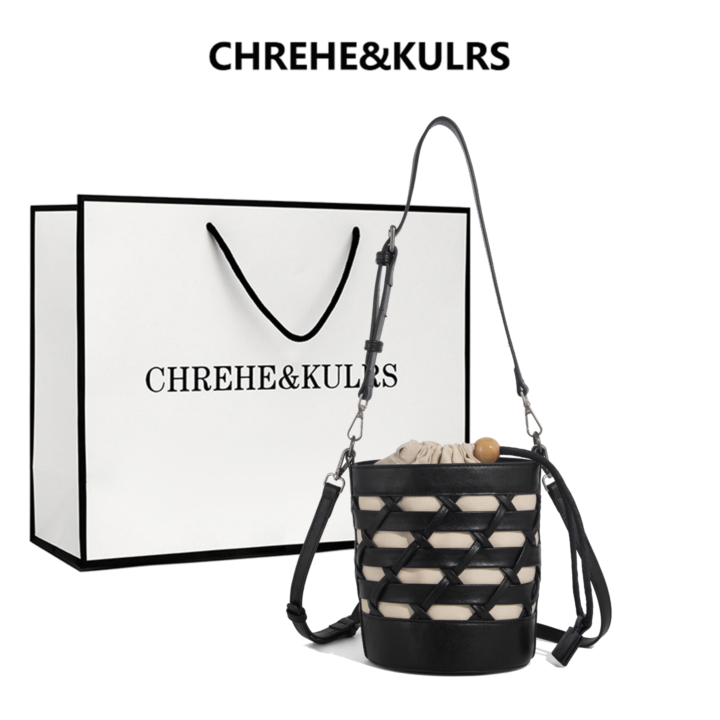 CHREHE&KULRS牛皮编织水桶包女
