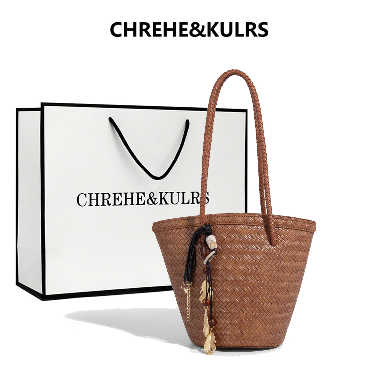 CHREHE&KULRS法式复古牛皮手工编织包单肩水桶包小众真皮菜篮子包