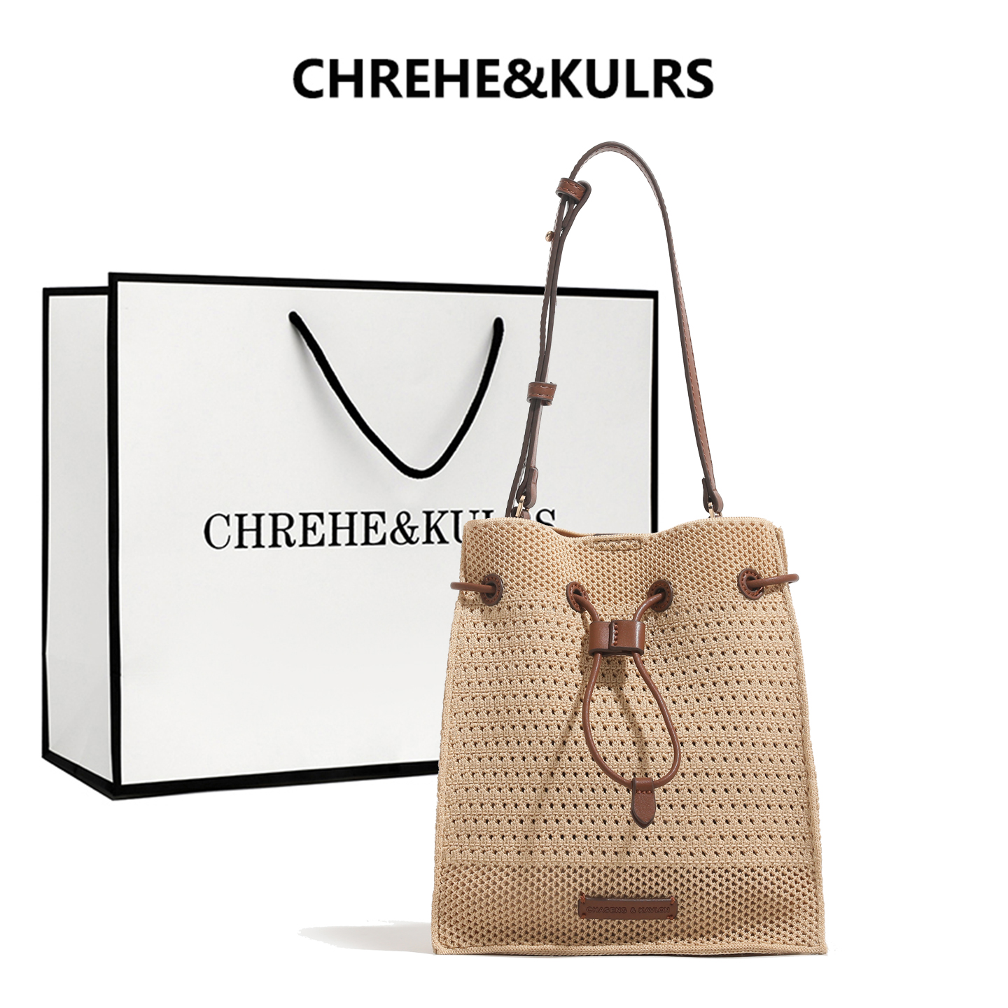CHREHE&KULRS抽绳编织水桶包女