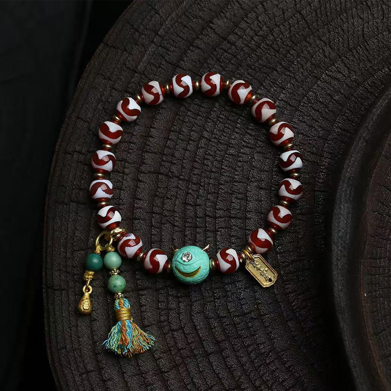 天然玛瑙虎牙天珠手链单圈白水晶黑曜石松石配饰文玩时尚佛珠手串