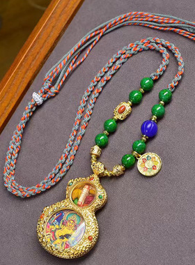 藏式文玩黄财神唐卡宝葫芦吊坠毛衣链可调节长链纯手工编织绳项链