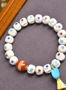 藏传回流骨雕刻手串单圈藏式文玩佛珠玛瑙线珠松石卡子配饰手链